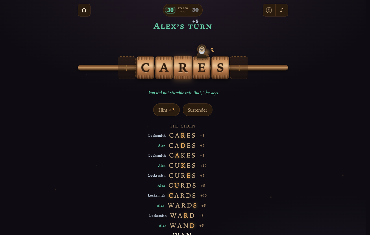 A real Letterex duel at 30 points each: the word CARES locked on the brass cryptex rail, The Locksmith perched above it, and the scored chain of words played so far listed below.